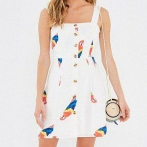 Farm Rio, New, Macaw White Linen Parrot Mini Dress Sundress Dress, XS